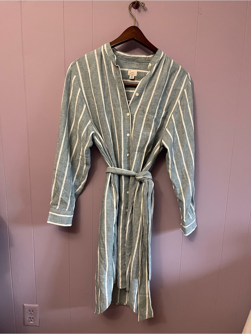 a new day Blue and White Striped Long-Sleeve Shirt Dress with Tie Belt